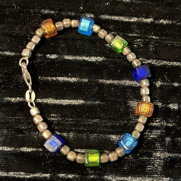 VTG Sterling .925 Cube & Multicolor Foiled Art Glass Block Beaded Bracelet Italy - Picture 1 of 8